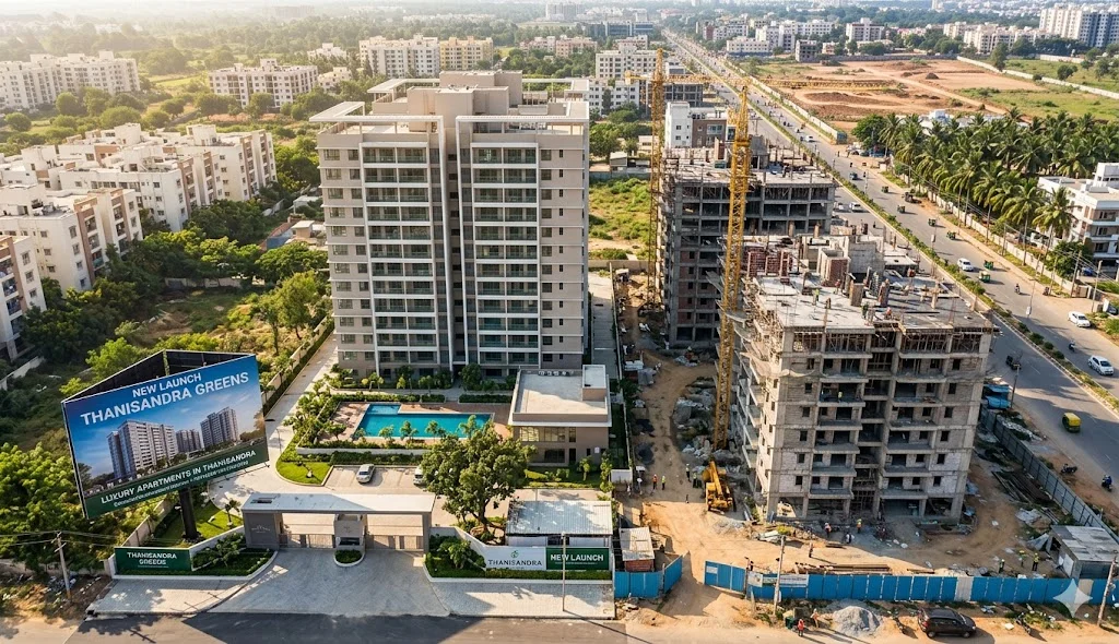 Architectural rendering of upcoming new launch apartments in Thanisandra showing high-rise towers near major North Bangalore IT parks.